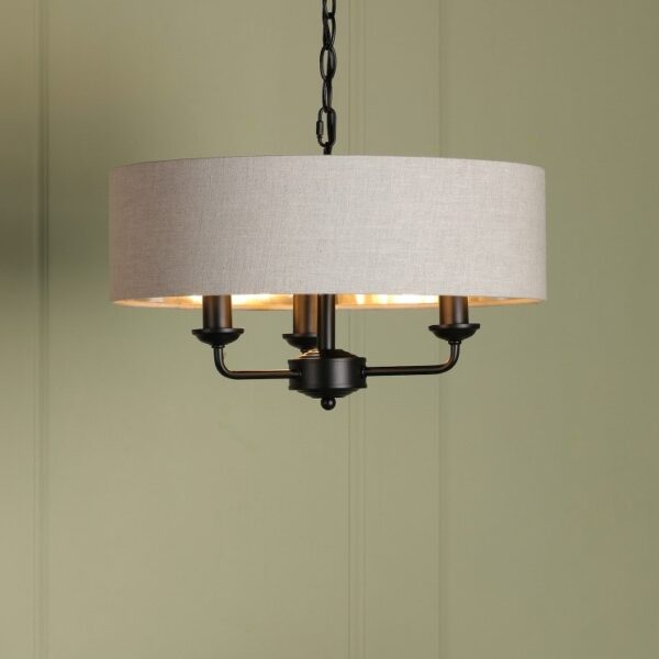 Laura Ashley Sorrento 3 Light Ceiling Pendant Light In Matt Black With Natural Shade LA3756362-Q