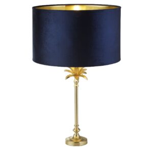 Palm Navy Velvet Shade Table Lamp In Satin Brass