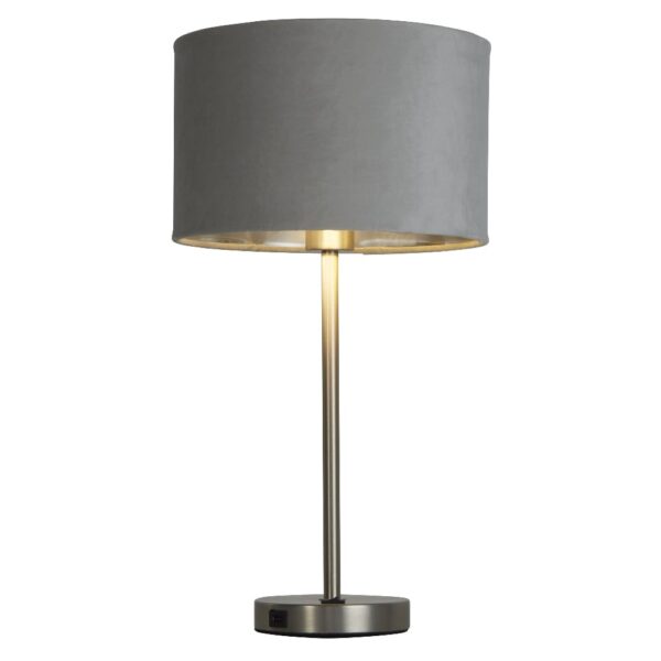 Finn Grey Velvet Shade Table Lamp With USB In Satin Nickel