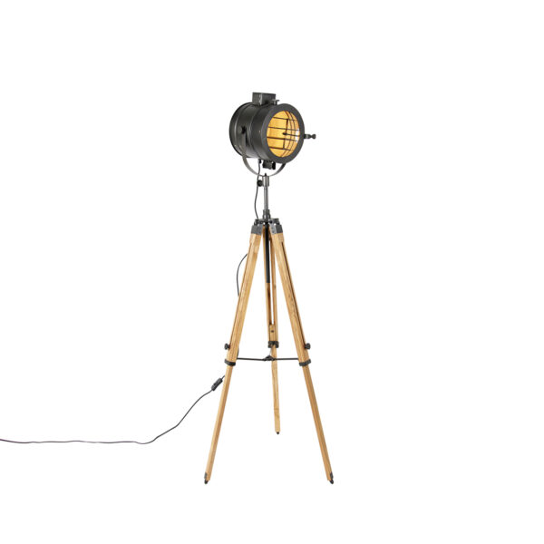 Tripod floor lamp black with wood studio spot - Radient