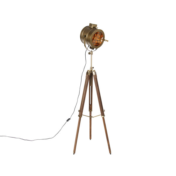 Tripod floor lamp bronze with wood studio spot - Radient