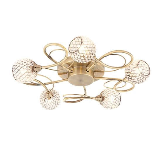 Aherne 5 Lights Glass Semi Flush Ceiling Light In Antique Brass