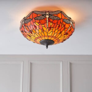 Dearborn Tiffany Glass Flush Ceiling Light In Orange And Red