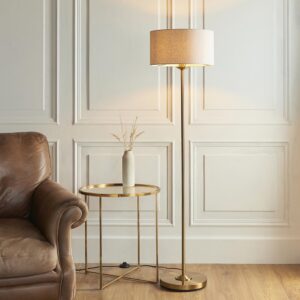 Hixson Natural Fabric Shade Floor Lamp In Vintage Brass