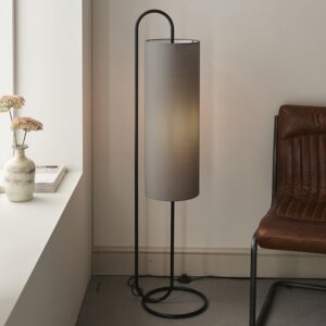 Kirkland Cylindrical Grey Fabric Shade Floor Lamp In Matt Black